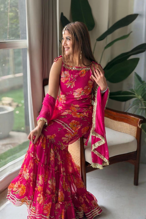 Radiant Rani Chiffon Sharara Set – Elegant Handwork & Floral Detailing