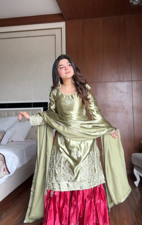 "Grace in Contrast Where Olive Meets Sharara set"