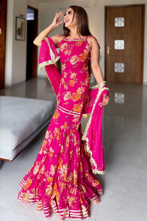 Radiant Rani Chiffon Sharara Set – Elegant Handwork & Floral Detailing