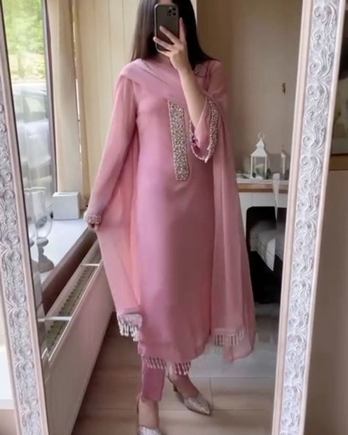 Elegant Pink Georgette Kurti Set with Moti Handwork & Dupatta