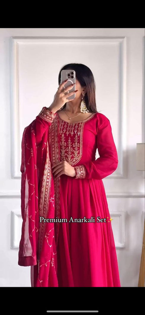 "Front view of the Pink Premium Designer Gown with detailed sequins embroidery on Fox Georgette fabric, round neck, and 20-inch sleeves, paired with a matching dupatta."
