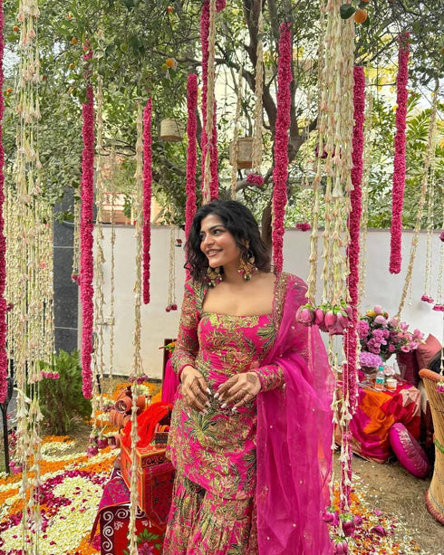 Front close-up of embroidery and print details on stylish ethnic outfit