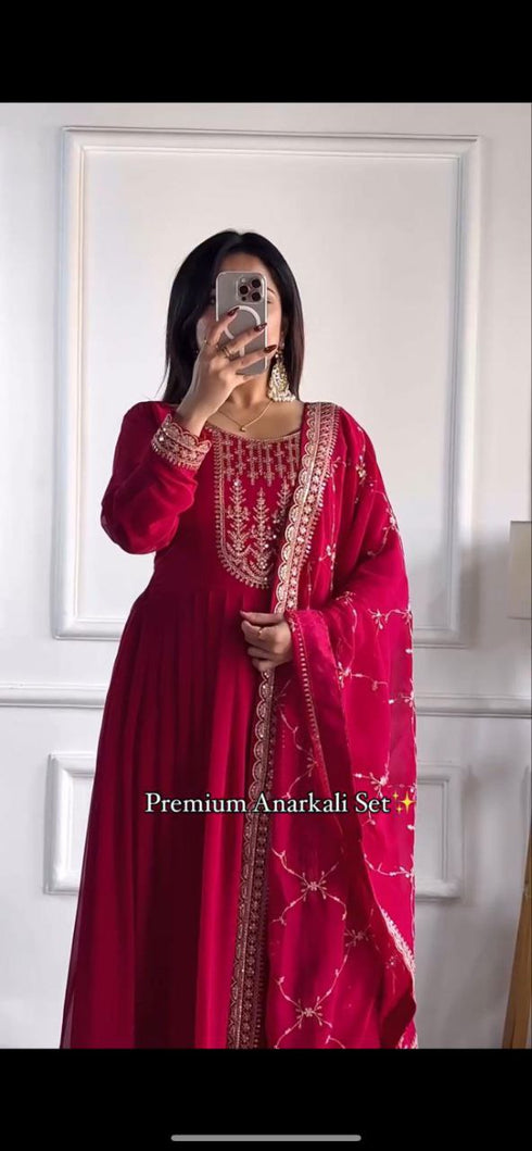 "Front view of the Pink Premium Designer Gown with elegant sequins embroidery, a round neck, and 20-inch sleeves, paired with a beautifully embroidered dupatta."