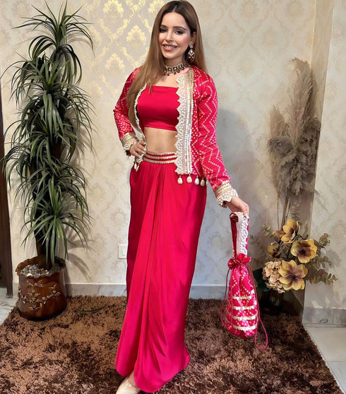 Stylish dhoti skirt with embroidered border in satin silk