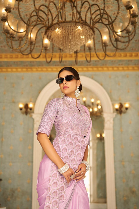 Close-up of the front view showcasing the intricate embroidery work and lace detailing on the Chinon saree with matching embroidered blouse.