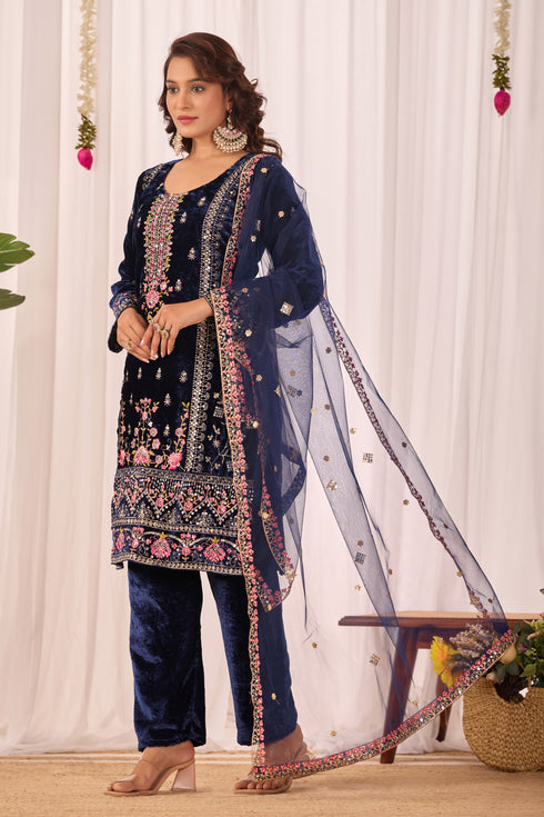 Designer Velvet Sequence Embroidery Work Suit Set with Pant and Dupatta