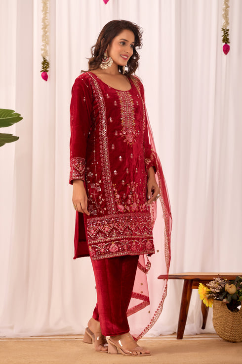 Designer Velvet Sequence Embroidery Work Suit Set with Pant and Dupatta