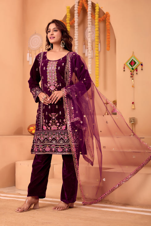 Designer Velvet Sequence Embroidery Work Suit Set with Pant and Dupatta