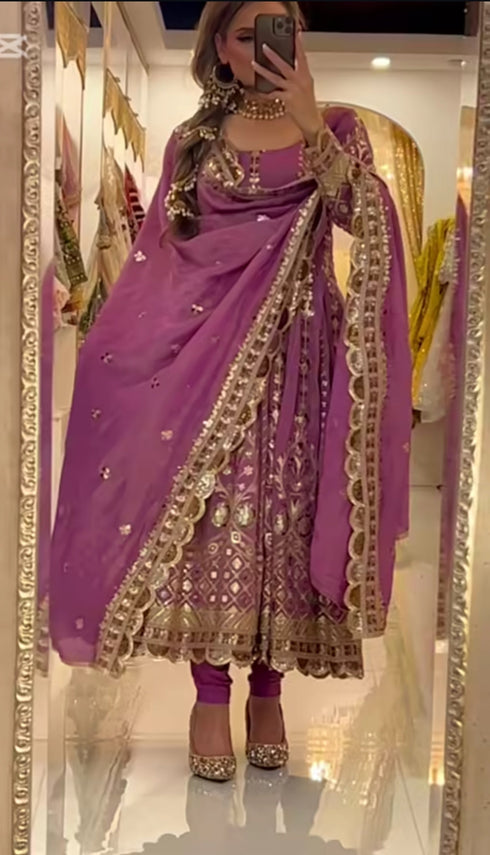 Heavy Chinnon Silk Embroidery Sequence Work Anarkali Suit Set with Pant and Dupatta