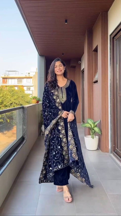 Velvet Sequence Embroidery Work 3-Piece Winter Collection Suit Set with Pant and Dupatta