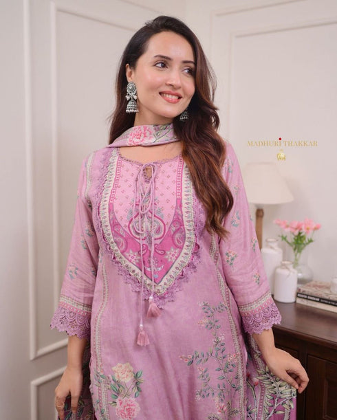 Lilac Pure Muslin Pakistani Suit with Digital Print and Hand Embroidery