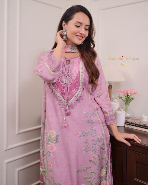 Lilac Pure Muslin Pakistani Suit with Digital Print and Hand Embroidery