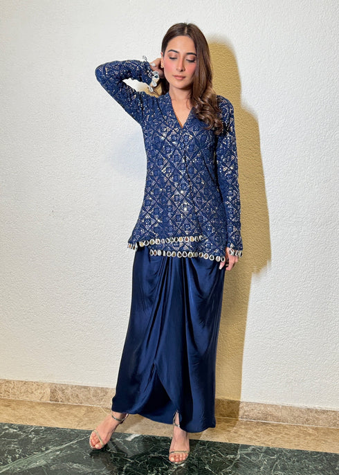 Presenting Energetic Stylish Jacket Dhoti Skirt Set