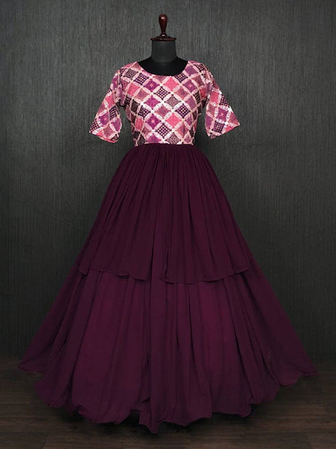 Wine Chinon Print Work Faux Blooming Gown