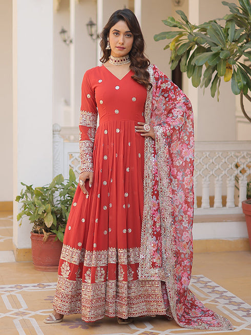 Orange Faux Georgette with Embroidery Zari Sequins Gown With Dupatta