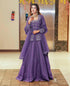 "Full view of purple embroidered lehenga set with shimmering sequins and moti work, featuring flared skirt, stitched top, and elegant orgenza dupatta – perfect for weddings and parties"