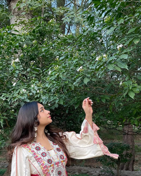 Boho Desi Tassel Co-ord Set – Handcrafted Mirror Kurta with Flared Pants