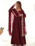 Chanderi Silk Maroon Anarkali Gown With Pant & Dupatta Set