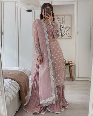 "Complete view of the Pale Pink Embroidered Chikankari Kurta Set, showcasing the elegant mirror and sequins embroidery on the kurta, palazzo, and dupatta."