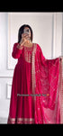 "Full view of the Pink Premium Designer Readymade Gown with Dupatta featuring sequins embroidery on Fox Georgette fabric, showcasing its 3-meter flare and flattering silhouette."