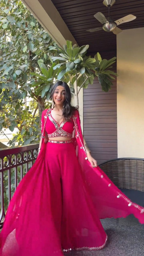 Classy Pink Draped Palazzo & Mirror Work Blouse With Cape