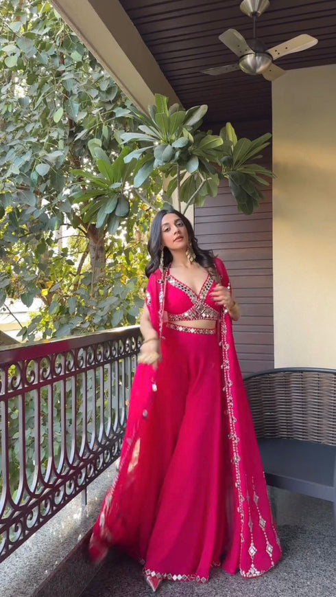 Classy Pink Draped Palazzo & Mirror Work Blouse With Cape