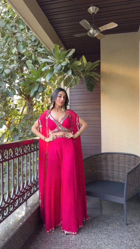 Classy Pink Draped Palazzo & Mirror Work Blouse With Cape