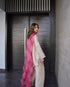 Side view of model wearing embroidered Farshi Salwar Suit with flowing dupatta