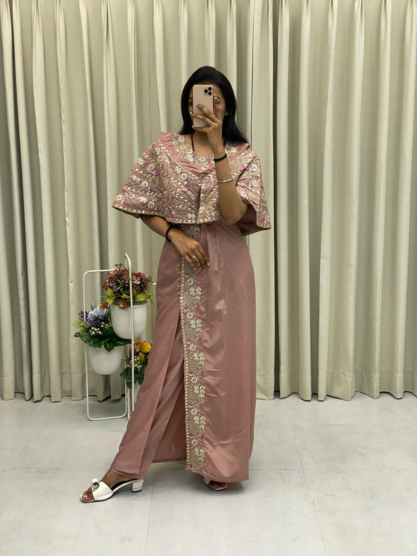 Full-length image of the Western-style gown highlighting its floor-length design and detailed work.