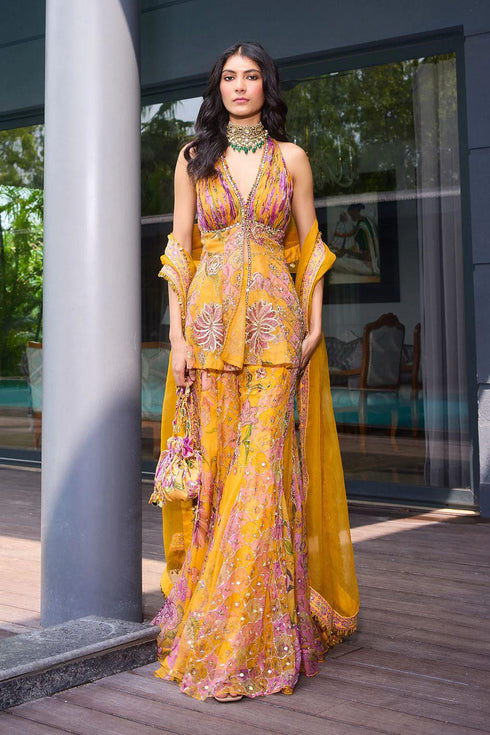 Kesar Yellow Organza & Georgette Hand Embroidered Top, Sharara & Dupatta