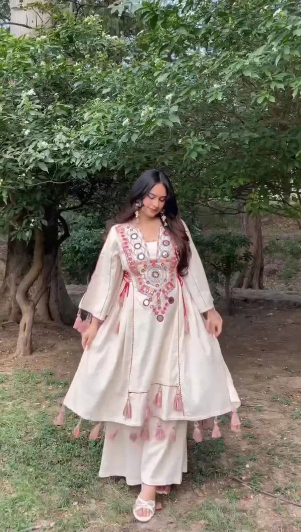 Boho Desi Tassel Co-ord Set – Handcrafted Mirror Kurta with Flared Pants