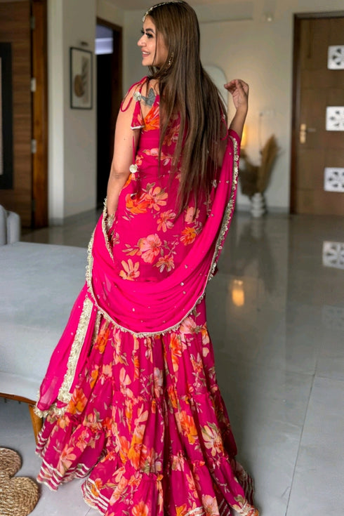 Radiant Rani Chiffon Sharara Set – Elegant Handwork & Floral Detailing