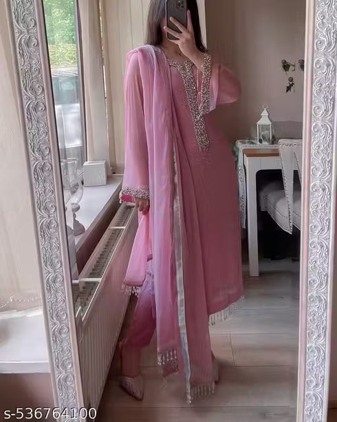 Elegant Pink Georgette Kurti Set with Moti Handwork & Dupatta
