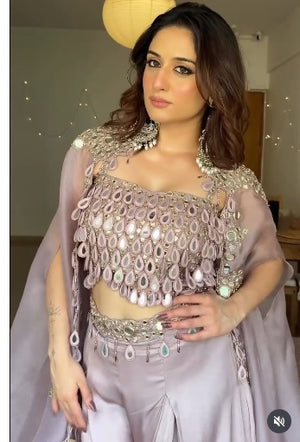 Mauve 3-piece mirror work outfit with embroidered blouse, flowy palazzo, and organza shrug.