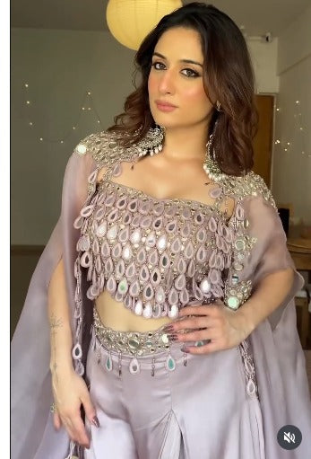 Mauve 3-piece mirror work outfit with embroidered blouse, flowy palazzo, and organza shrug.