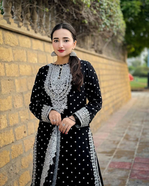 Sharara Set & Dupatta Set Embroidered Siqunce Work Fox.