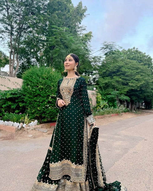 Sharara Set & Dupatta Set Embroidered Siqunce Work Fox.