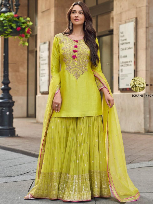 Lime Green Embroidered Premium Silk Sharara Suit