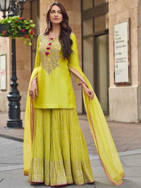 Lime Green Embroidered Premium Silk Sharara Suit