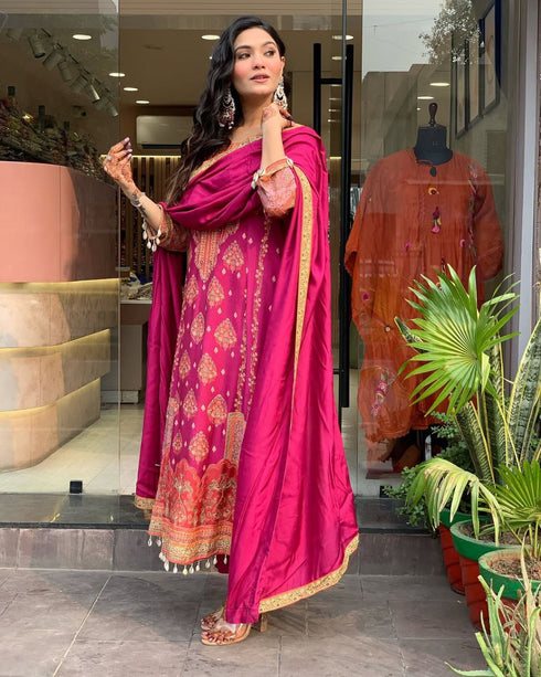 Reshimi pink Readymade Suit With Schiffli Neck Hand Work