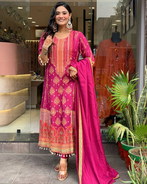Reshimi pink Readymade Suit With Schiffli Neck Hand Work