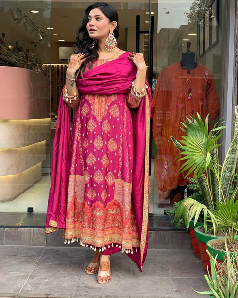 Reshimi pink Readymade Suit With Schiffli Neck Hand Work