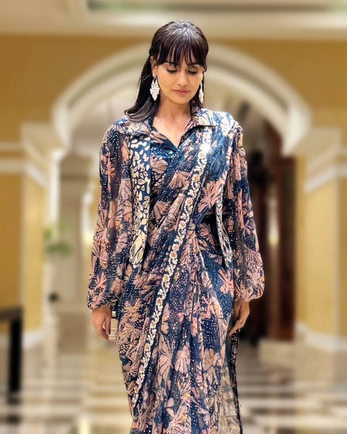 Navy Blue And Brown Ready To Wear Saree With Fully Embroidered Mirror Work Koti