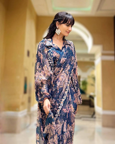 Navy Blue And Brown Ready To Wear Saree With Fully Embroidered Mirror Work Koti