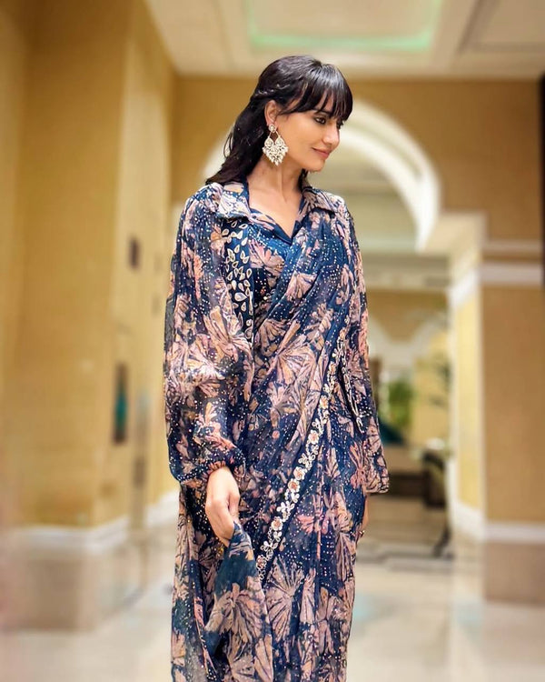 Navy Blue And Brown Ready To Wear Saree With Fully Embroidered Mirror Work Koti