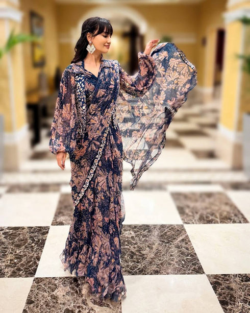 Navy Blue And Brown Ready To Wear Saree With Fully Embroidered Mirror Work Koti