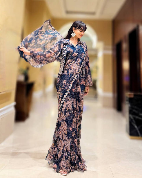 Navy Blue And Brown Ready To Wear Saree With Fully Embroidered Mirror Work Koti