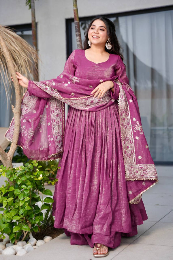 Stylish Chinnon with Embroidery Zari Sequins Work Gown
