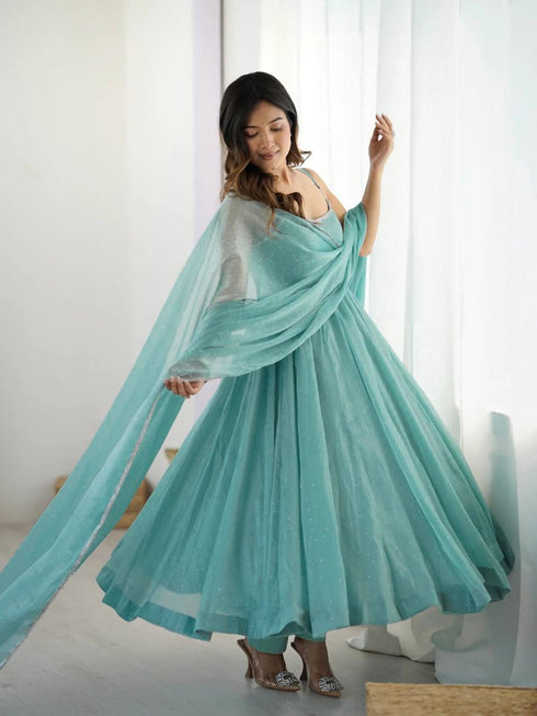 Sky color Gown In Crunch Silk With Hotfix Stone Work And Dupatta