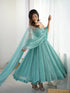 Sky color Gown In Crunch Silk With Hotfix Stone Work And Dupatta